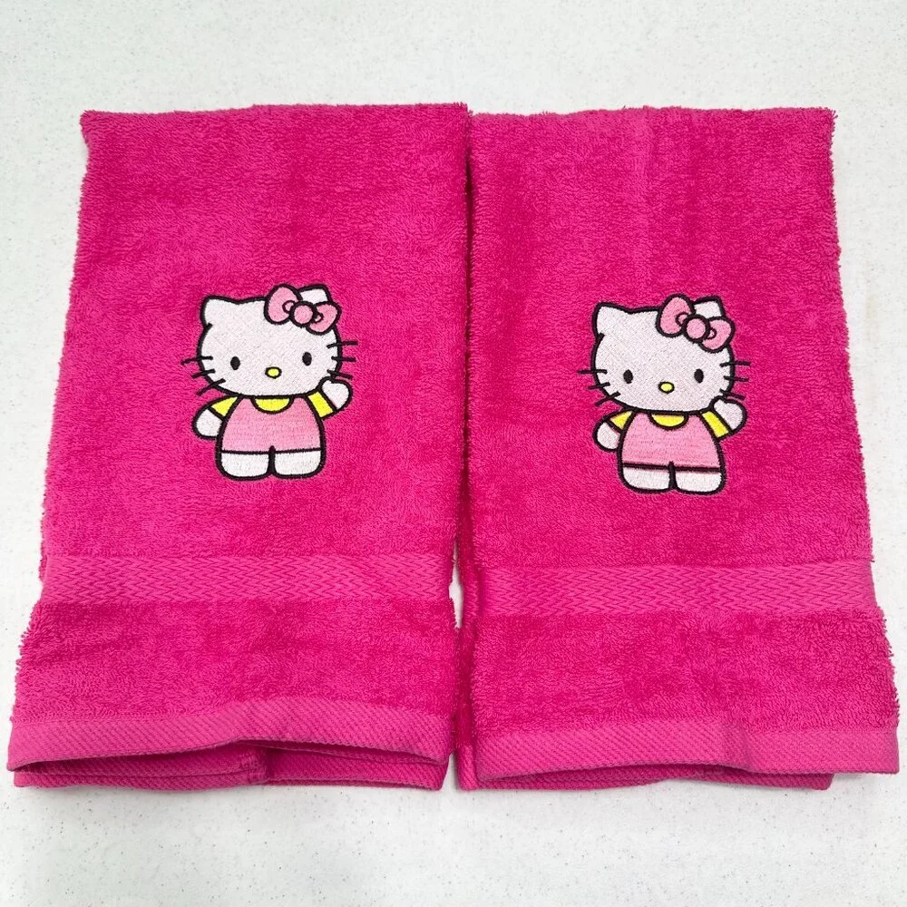 Hello Kitty Towels Embroidered Hand Towel Set Hot Pink Cute Girly Bathroom Decor